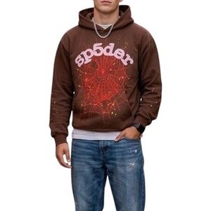 sp5der‎ Brown Graphic Print Bubble Logo Hooded Fleece Pullover Men's Small